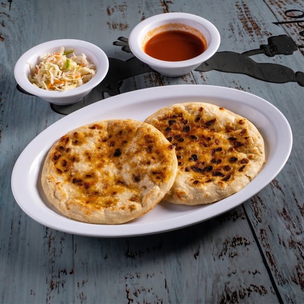 Two pupusas on a white plate with curtido and red sauce in small bowls on a wooden table.