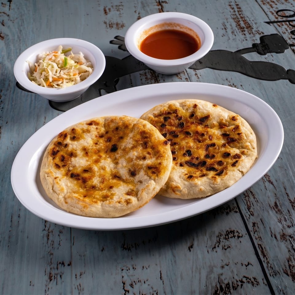Two pupusas on a white plate with curtido and red sauce in small bowls on a wooden table.